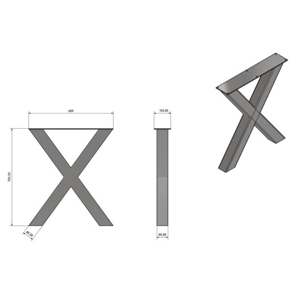 Tischgestell X-Form 60cm Breite Technische Zeichnung