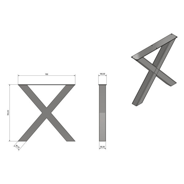 Tischgestell X-Form 70cm Breite Technische Zeichnung