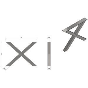 Tischgestell X-Form 90cm Breite Technische Zeichnung